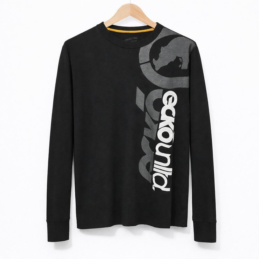 Ecko Waffle Thermal Knit Mens Shirt Size Large Black Crew Neck Distressed Casual